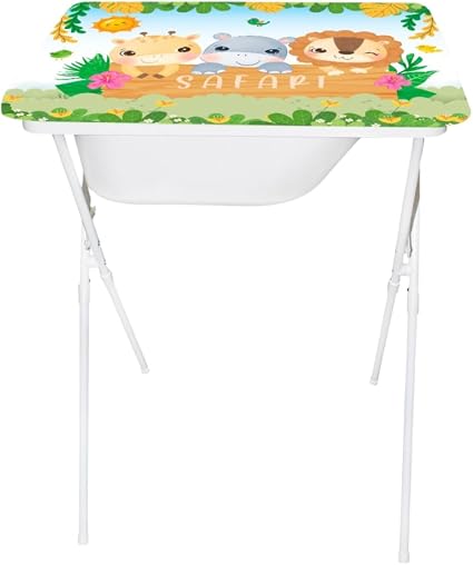 Banheira de bebê Safari Creative com trocador dobrável branco com estampa