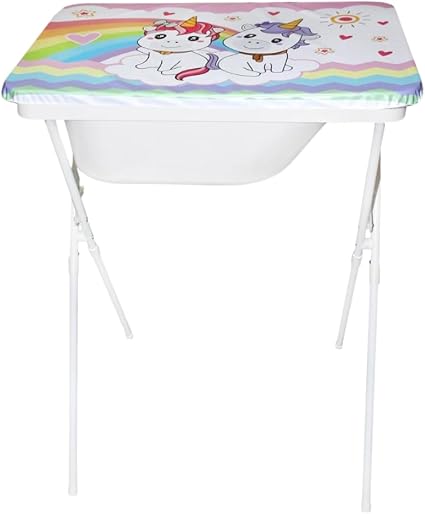 Banheira de bebê Unicórnio Creative com trocador dobrável branco com estampa
