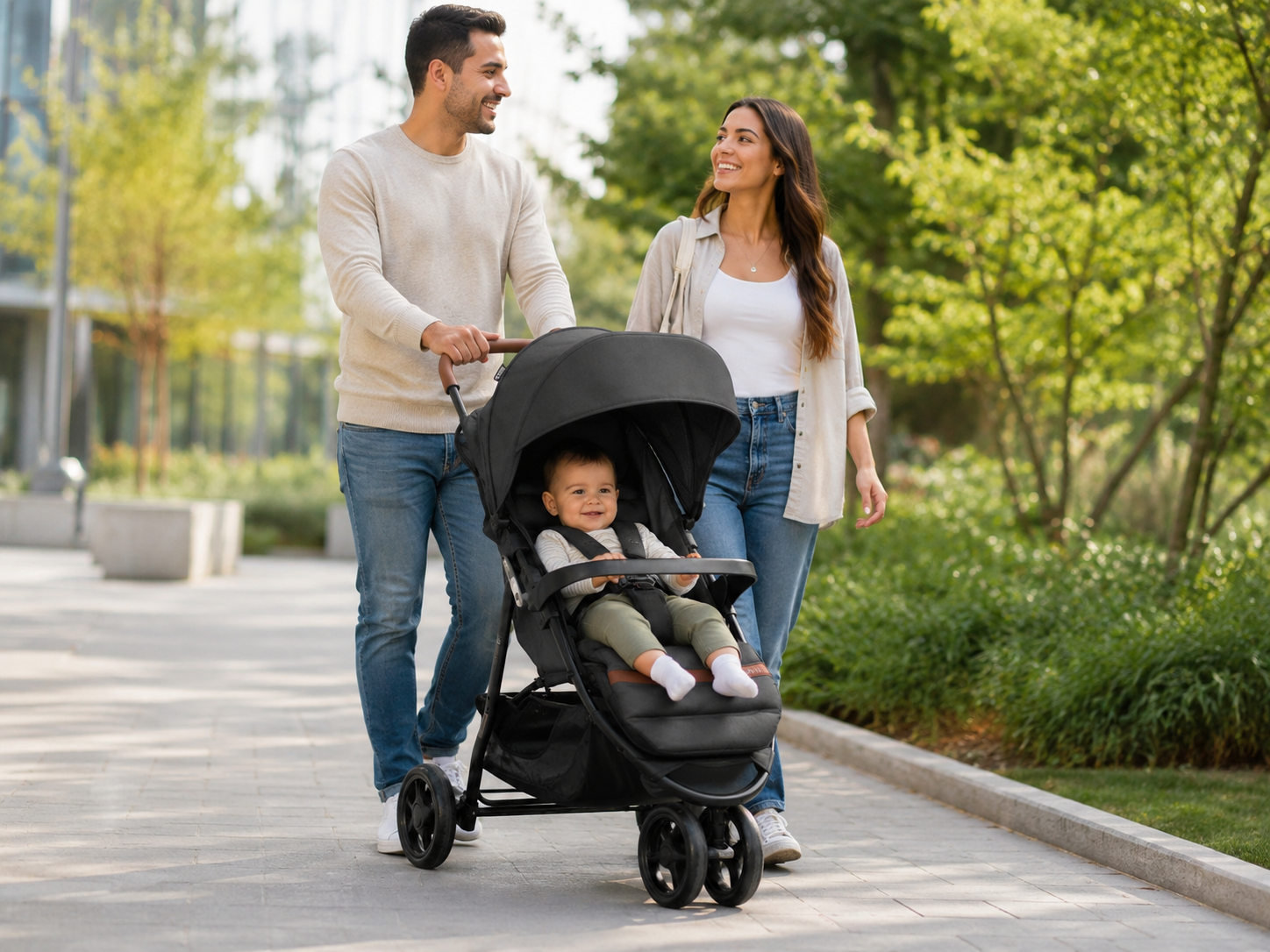 Casal com bebê em carrinho 3 rodas passeando no parque