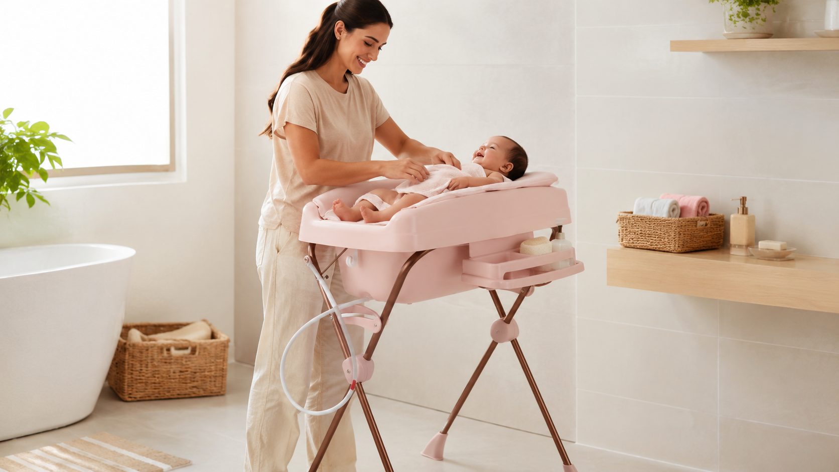 Mãe usando banheira de bebê com suporte elevado em banheiro claro
