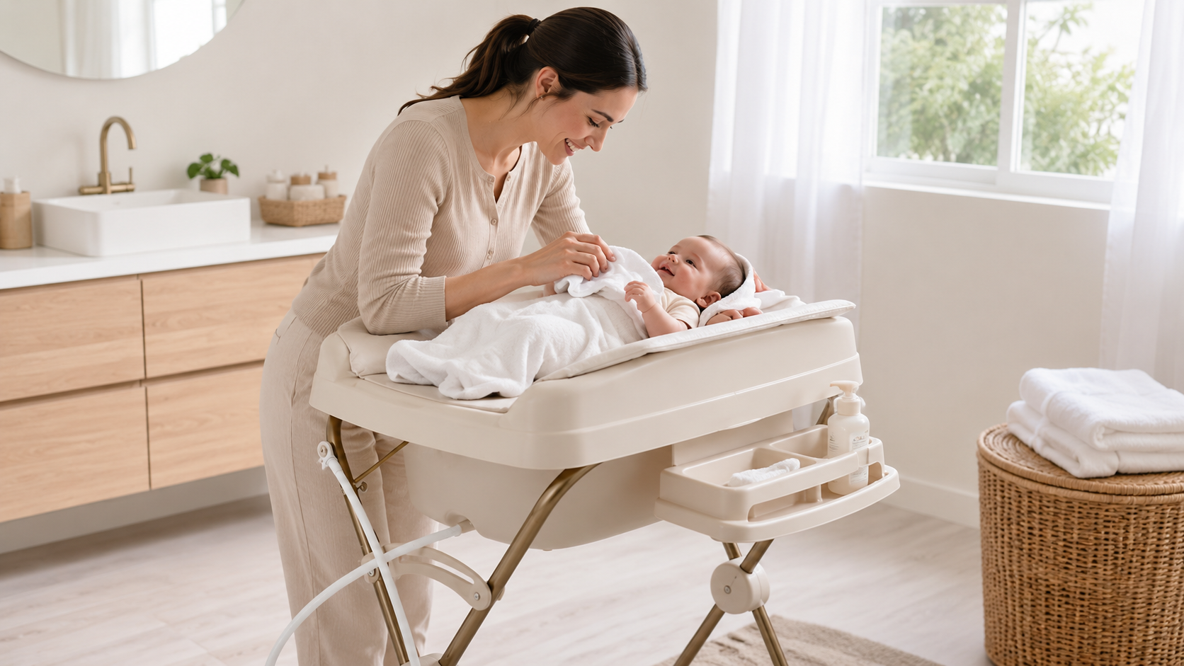Mãe cuidando do bebê em trocador integrado à banheira
