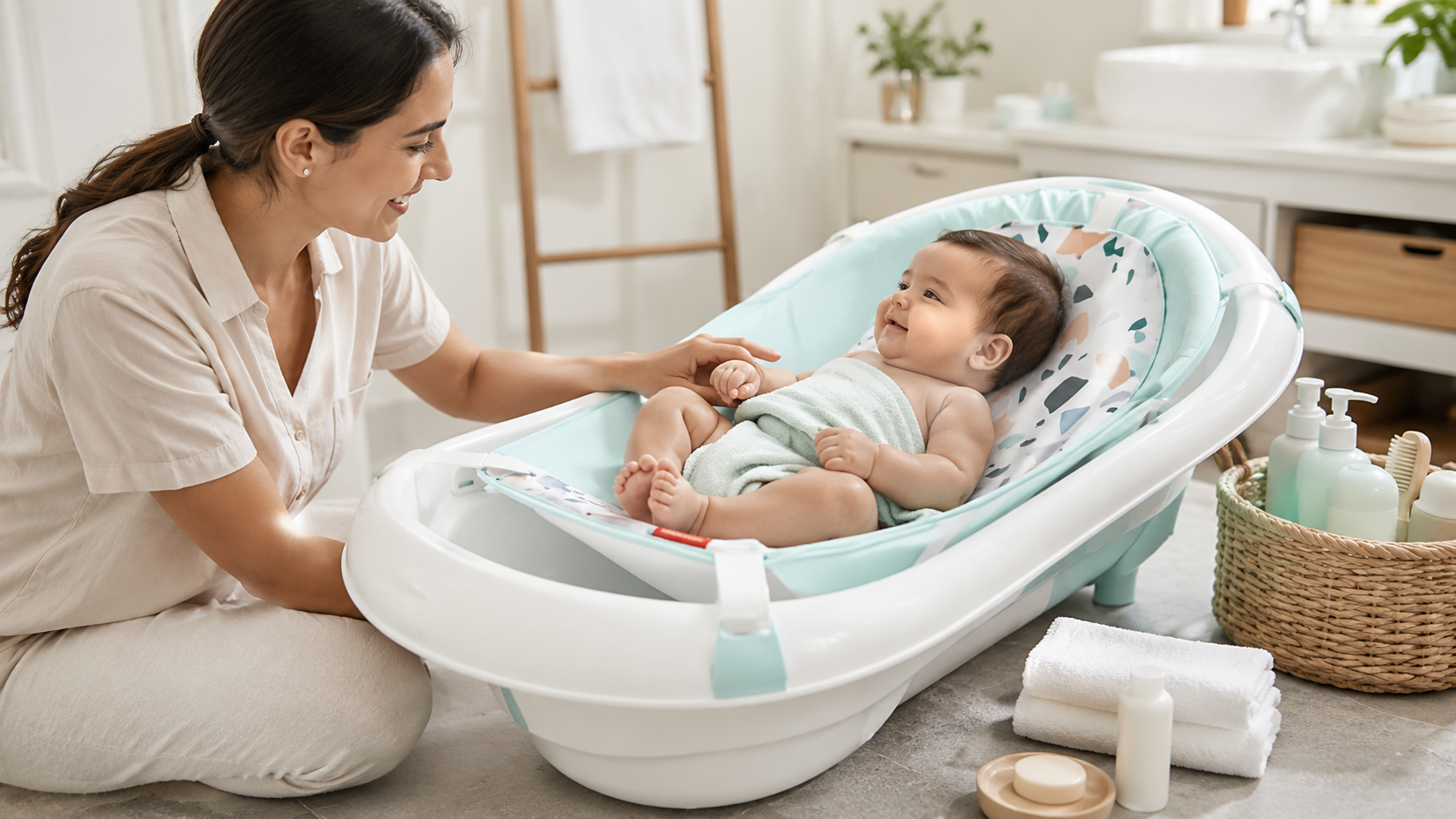 Mãe usando banheira de bebê versátil em banheiro funcional