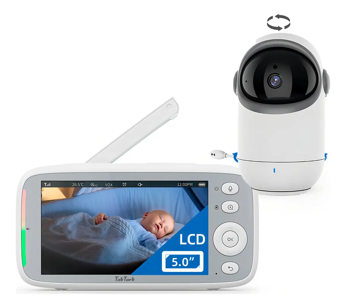 Babá eletrônica TakTark BM813 branca com câmera e monitor LCD de 5 polegadas